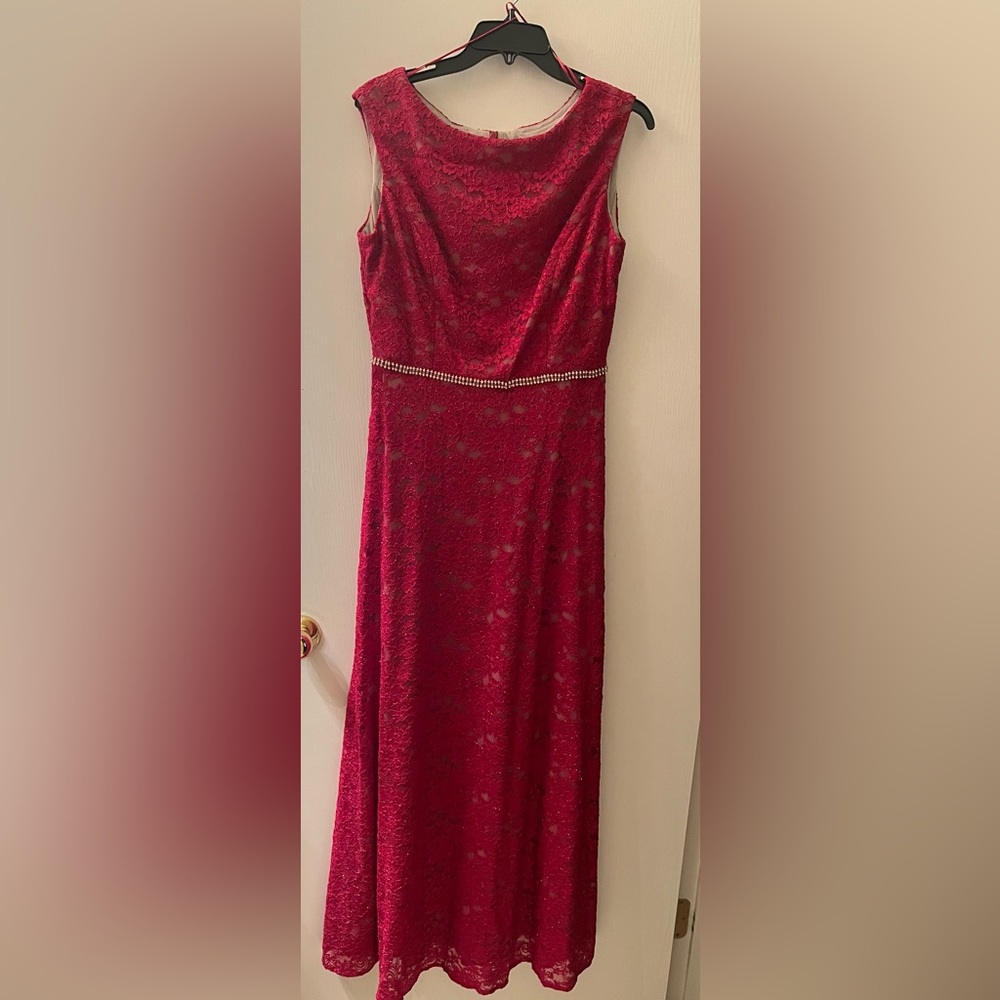 Alex Evenings Sleeveless Red Lace Gown with Rhinestone Waist